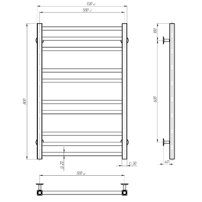 OV500800EB OVALE Рушникосушарка електрична П10 500х800 з нержавійки, колір чорний матовий (1 сорт)