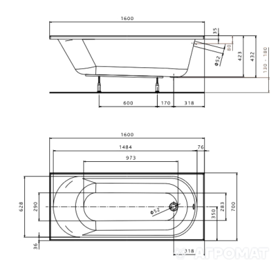 XWP136000N OPAL PLUS Ванна акрилова прямокутна 160х70 см, біла, без ніжок