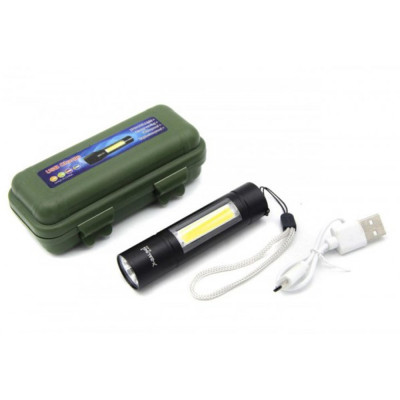 Ліхтарик ручний тактичний з бічним світлом Police BL-510 XPE+COB, zoom, ЗП USB, чорний металевий