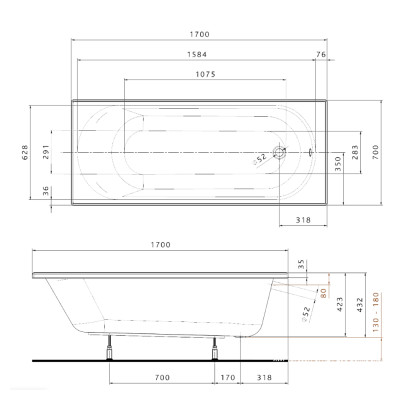 Ванна акриловая KOLO Opal Plus без ножек 170х70 см